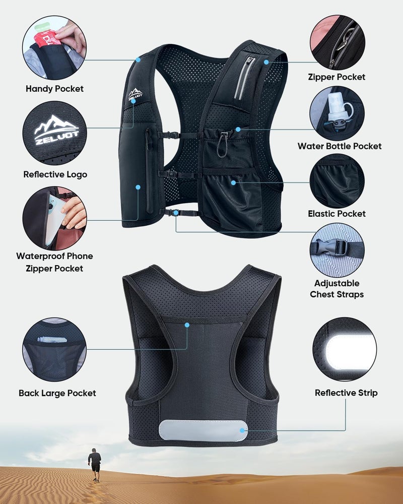 Zelvot Running Vest for Women Men, USA Original Patent, Adjustable Chest Straps Running Hydration Vest with 500ml Soft Flask and Phone Holder, Lightweight Reflective Hydration Backpack - Image 5